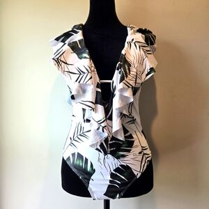 Tropical Ruffle Floral Monstera Plunge Front 1 Piece Bathing Suit Small